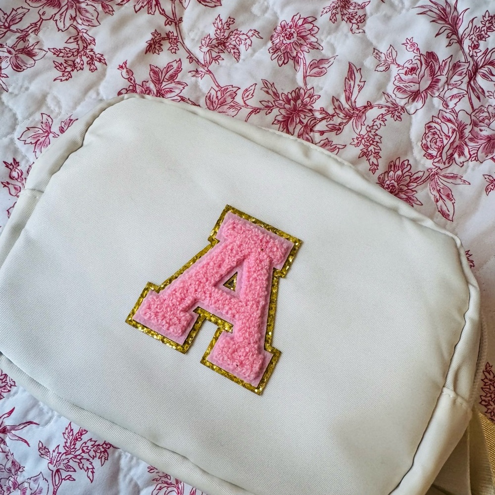 Cream Fanny Pack with Pink and Gold Letter Patch “A”